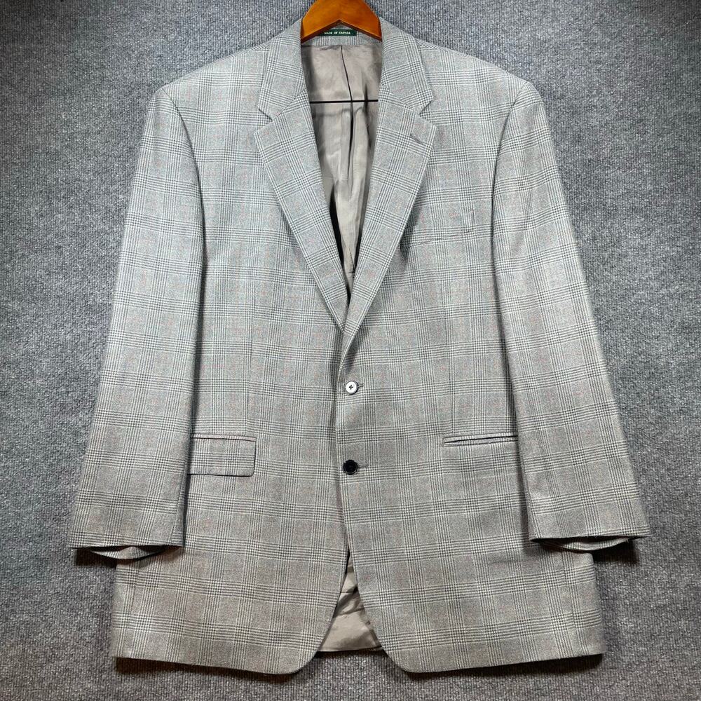 Lauren Ralph Lauren Blazer 46L Gray Houndstooth Plaid Silk/Wool Blend Single